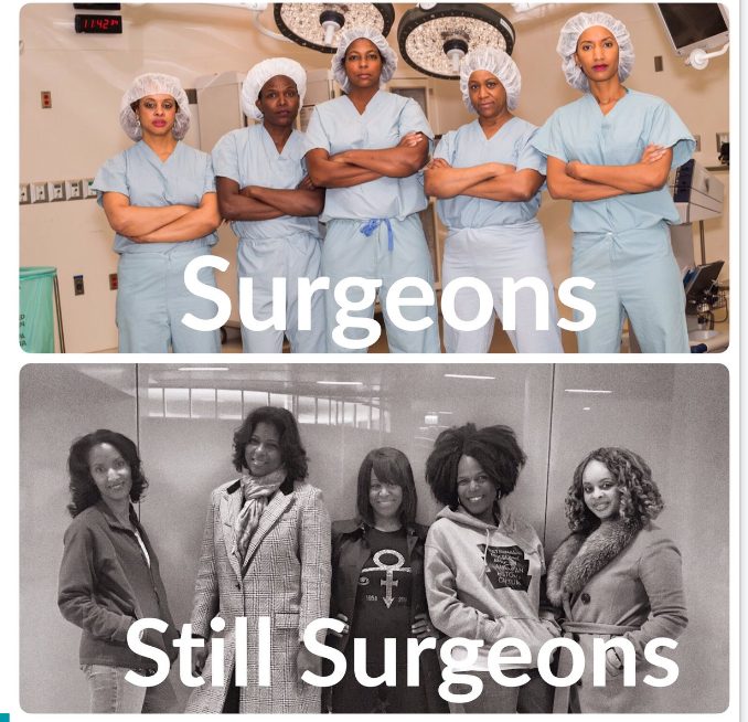 Two group photos of women surgeons captioned Surgeons and Still Surgeons