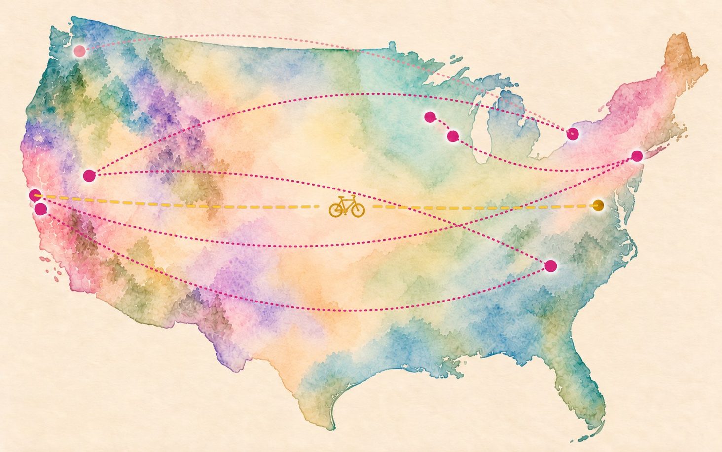 Watercolor map of the United States tracing my path: Glenwood City and Madison, Wisconsin; New York City; a bike ride from San Francisco to Washington, D.C.; San Francisco; Palo Alto; Chapel Hill; Reno; Buffalo; and next, Seattle.
